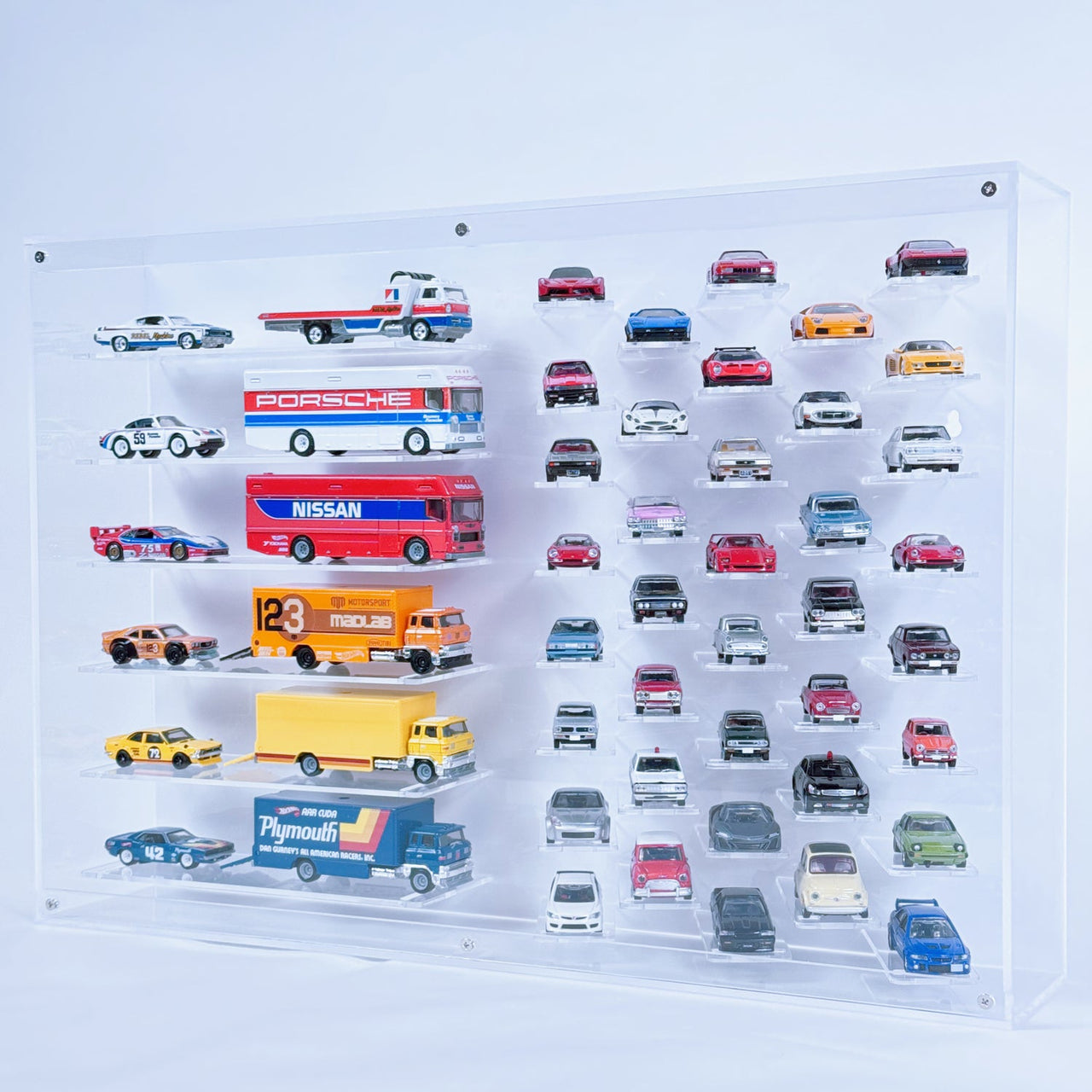 Premium 1:64 Diecast Cars Display Case for 38 Cars & Six Haulers, Hot Wheels, Tomica, Matchbox, Siku