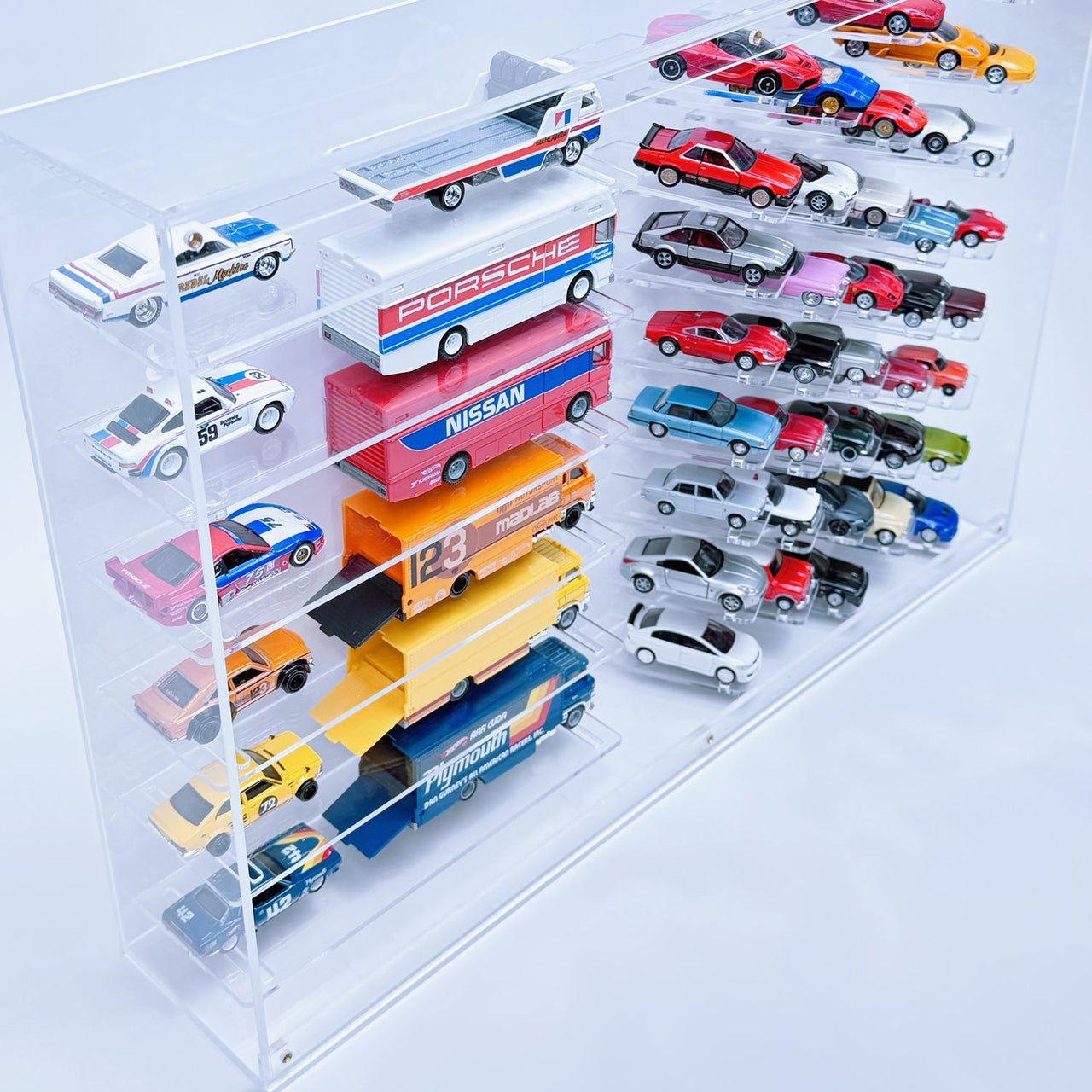 Premium 1:64 Diecast Cars Display Case for 38 Cars & Six Haulers, Hot Wheels, Tomica, Matchbox, Siku