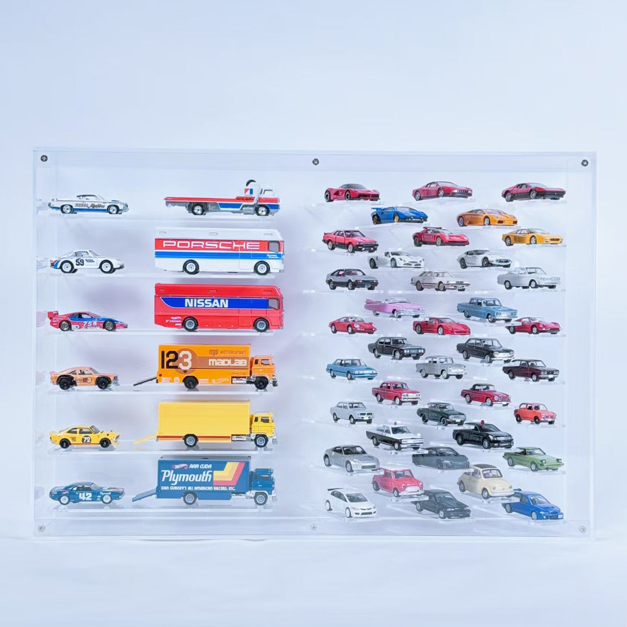 Premium 1:64 Diecast Cars Display Case for 38 Cars & Six Haulers, Hot Wheels, Tomica, Matchbox, Siku