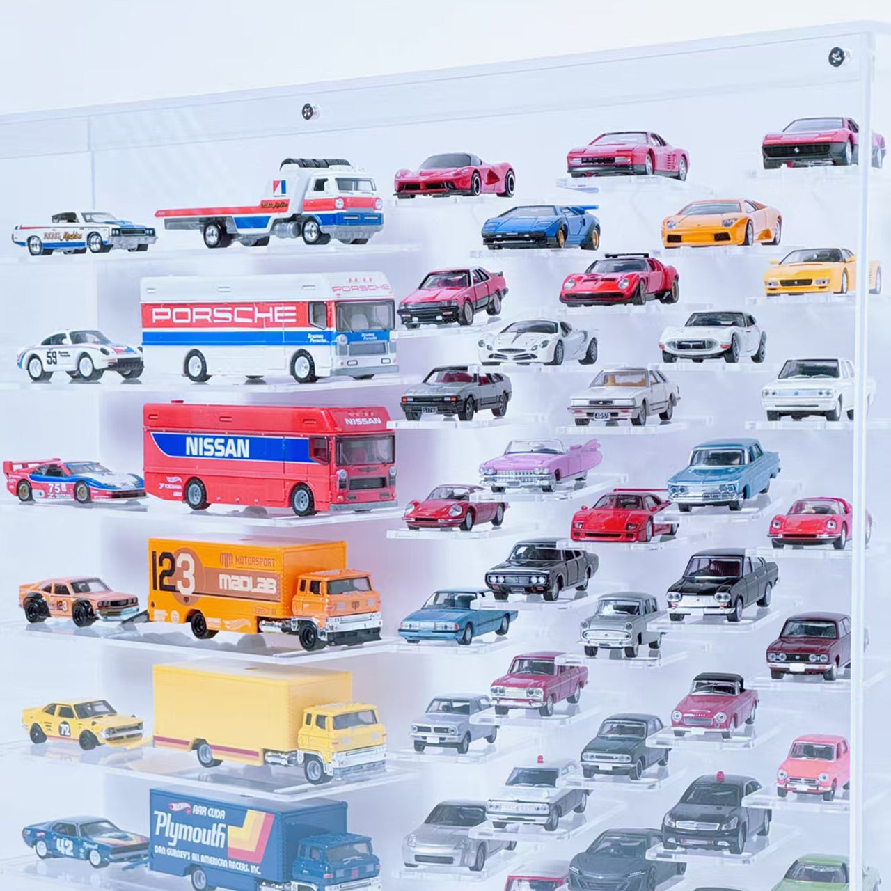 Premium 1:64 Diecast Cars Display Case for 38 Cars & Six Haulers, Hot Wheels, Tomica, Matchbox, Siku