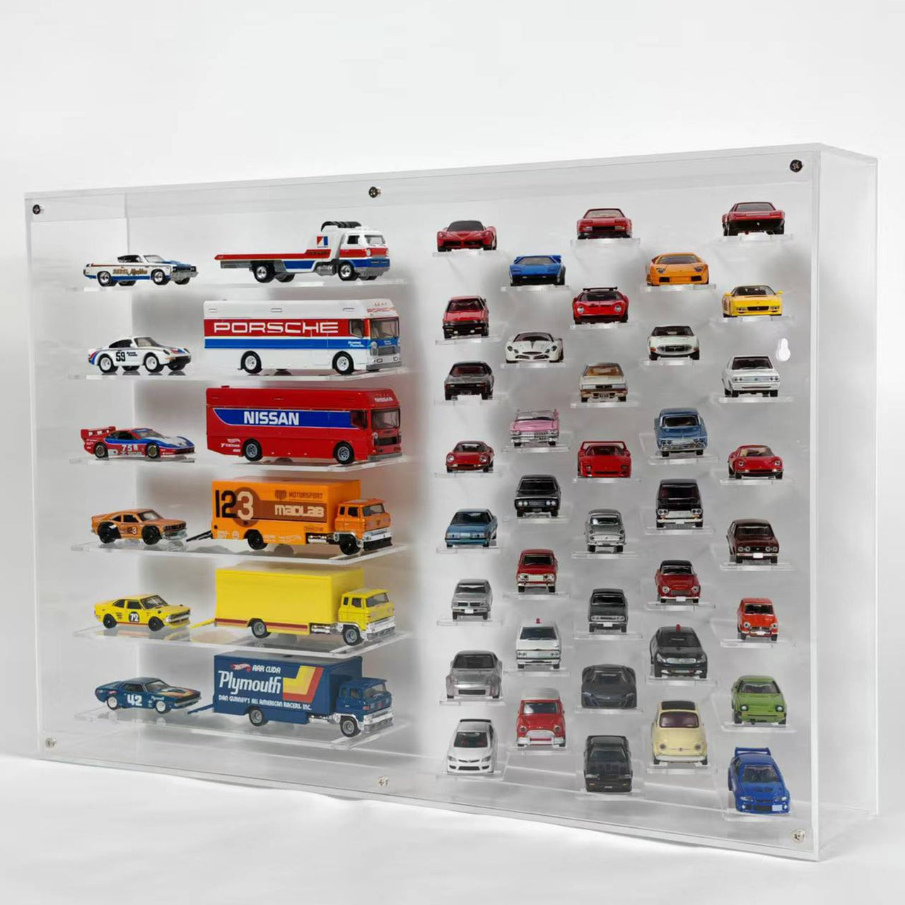 Premium 1:64 Diecast Cars Display Case for 38 Cars & Six Haulers, Hot Wheels, Tomica, Matchbox, Siku