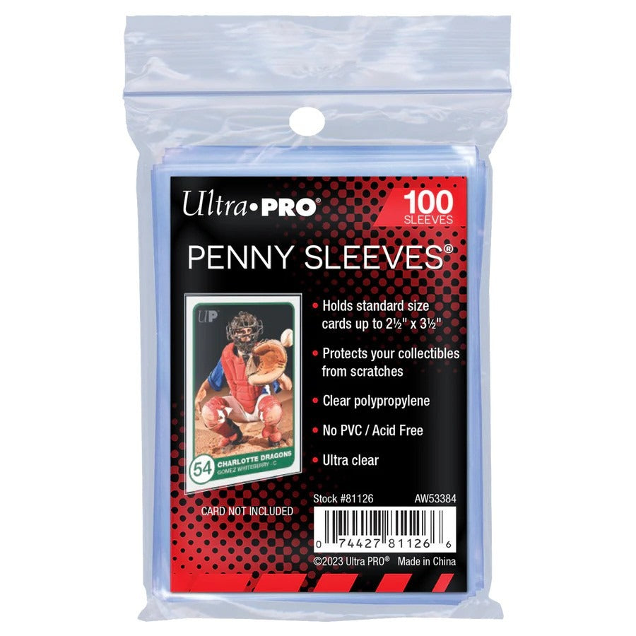 Pack of Ultra Pro Penny Sleeves with product details on a white background
