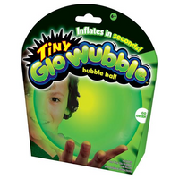Packaging of Tiny Glowubble bubble ball with green bubble and child's hand