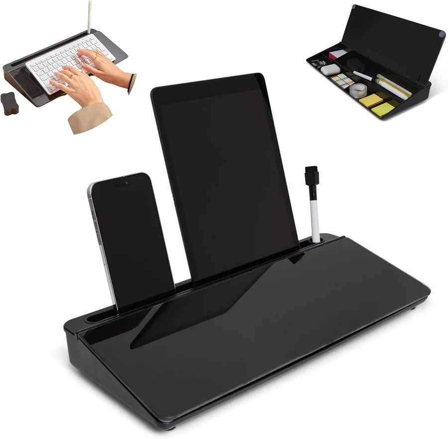Glass Desktop Whiteboard Desk Organizer with Storage, Marker & Eraser - Black