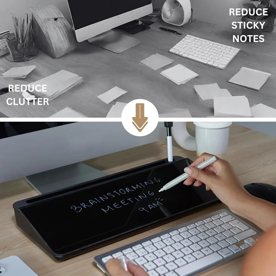 Glass Desktop Whiteboard Desk Organizer with Storage, Marker & Eraser - Black