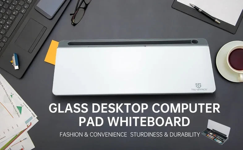Glass Desktop Whiteboard Desk Organizer with Storage, Marker & Eraser - White